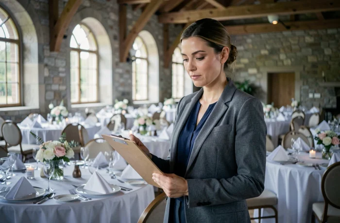 Femme vérifiant la décoration de salle de mariage avec un clipboard lors de la préparation d'un événement