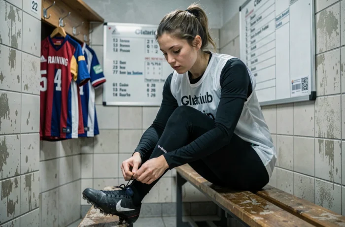 Jeune footballeuse dans le vestiaire en train de lacer ses crampons avant un match de Division 1 féminine, ambiance concentrée et authentique