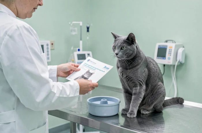 Vétérinaire présentant une fontaine à eau pour chat lors d'une consultation vétérinaire sur la santé rénale féline