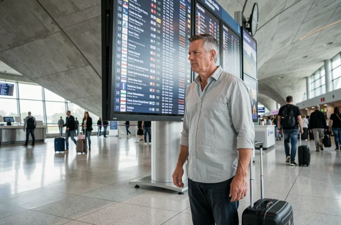 Voyageur consultant le tableau des départs à l'aéroport Charles de Gaulle pour un vol vers la Thaïlande