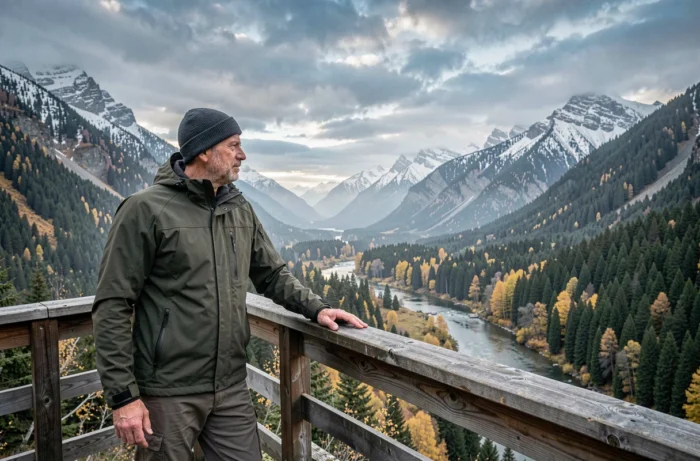 Voyageur admirant un paysage alpin en automne depuis un belvédère en bois