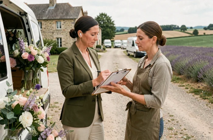 Wedding planner professionnelle consultant sa liste de préparatifs avec une fleuriste devant un domaine de mariage à la campagne française